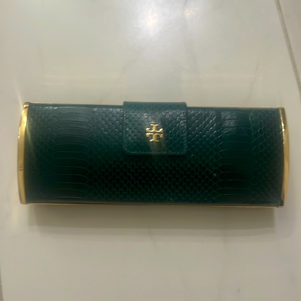 Tory Burch emerald green gold clutch